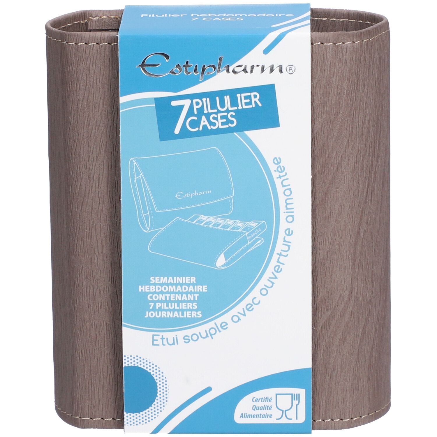 Bruine pillendoos met 7 vakken, verpakt. Opschrift: Estipharm, 7 Pilulier Cases. Certificering.