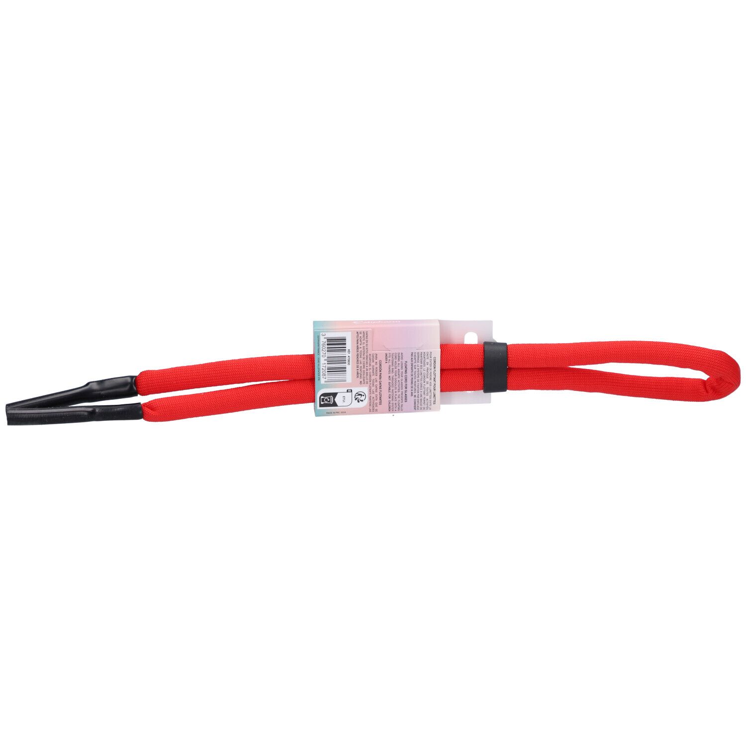 Rood brillenkoord met zwarte uiteinden en productlabel.