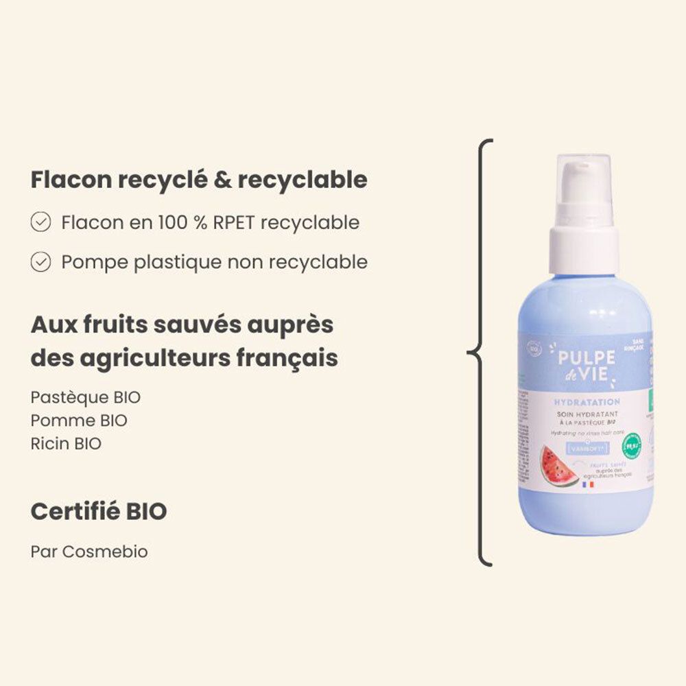 Produit bleu clair avec pompe blanche. Texte: Flacon recyclé & recyclable. Certification: Cosmebio.