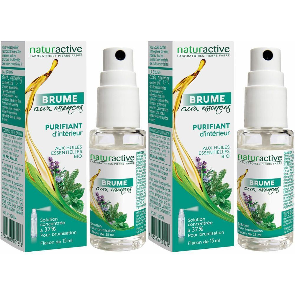 Trois flacons vaporisateurs avec étuis. Inscription: BRUME aux essences, PURIFIANT d'intérieur, BIO. Marque: naturactive.