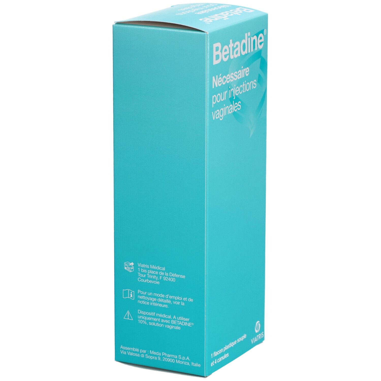 Boîte Betadine turquoise. Texte "Nécessaire pour injections vaginales". Contient 1 flacon et 4 canules. Informations fabricant et avertissements.