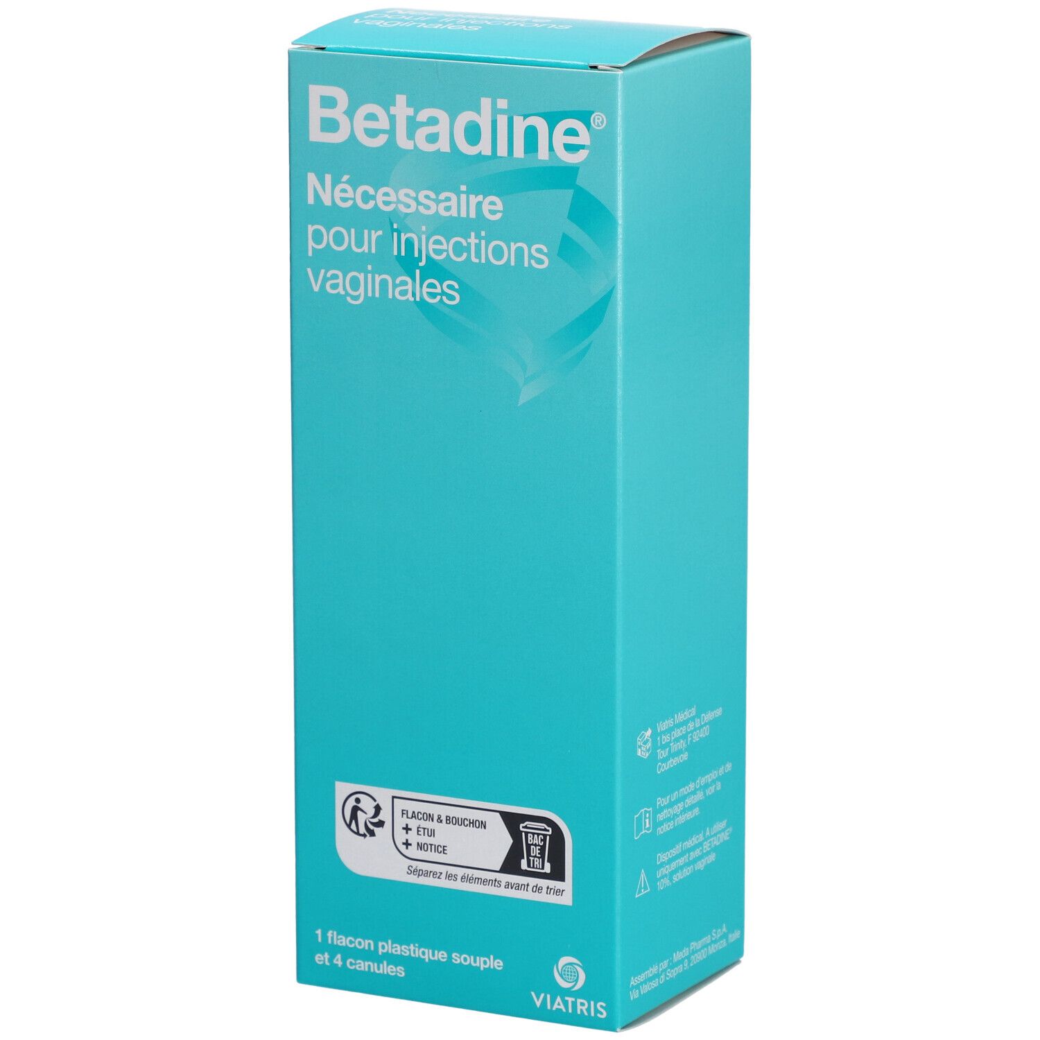 Boîte Betadine turquoise. Texte "Nécessaire pour injections vaginales". Contient 1 flacon et 4 canules. Symbole de recyclage.