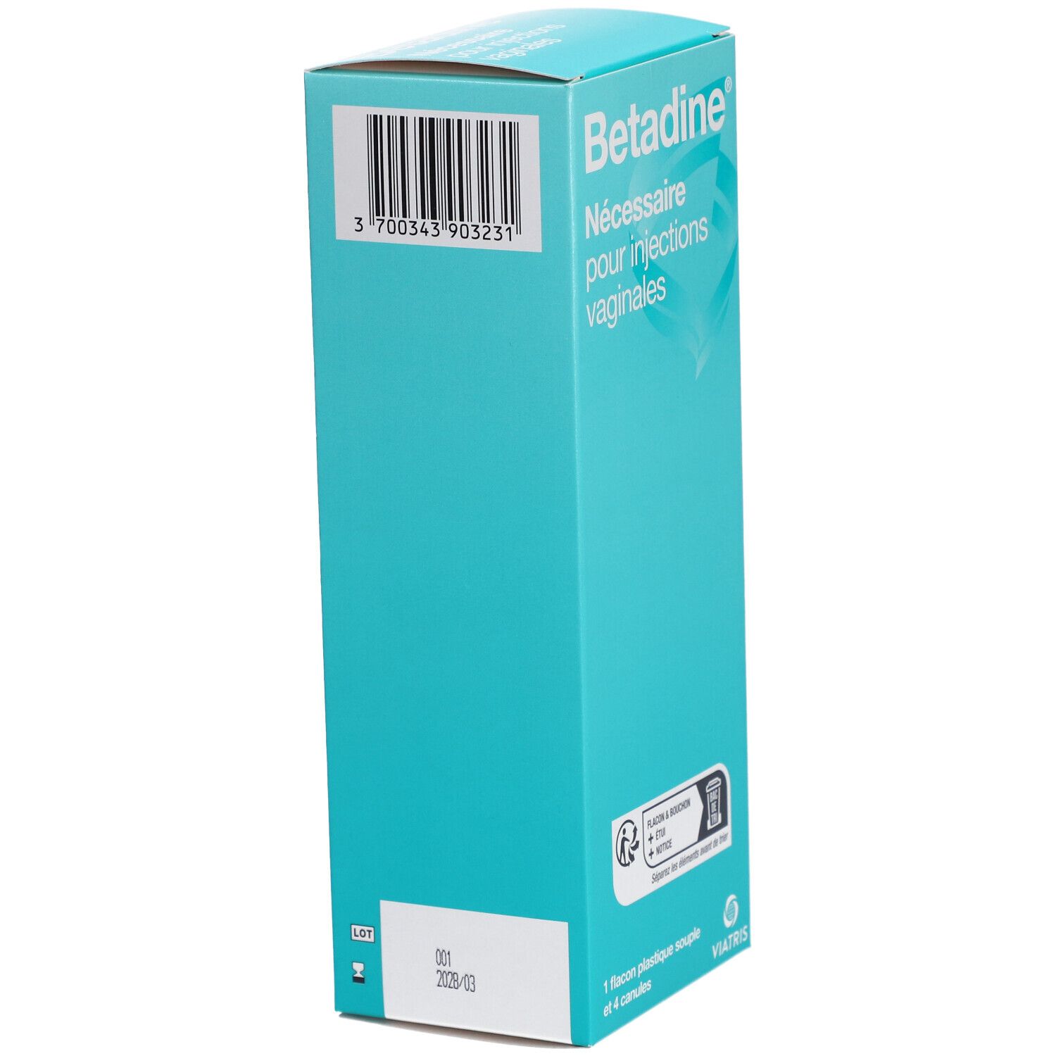Boîte Betadine turquoise. Code-barres et texte "Nécessaire pour injections vaginales". Contient 1 flacon et 4 canules. Date de péremption.