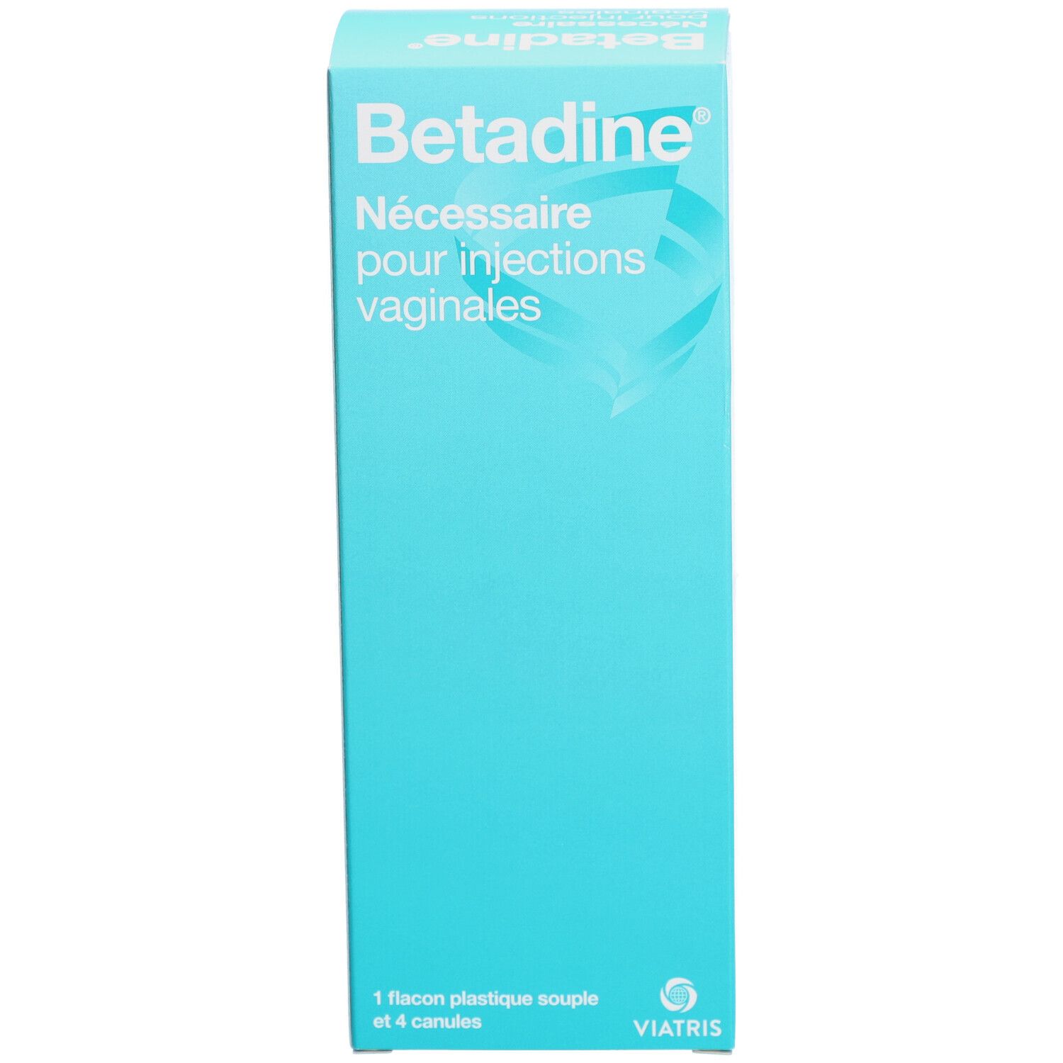 Boîte Betadine turquoise. Nom du produit et texte "Nécessaire pour injections vaginales". Contient 1 flacon et 4 canules. Marque Viatris.