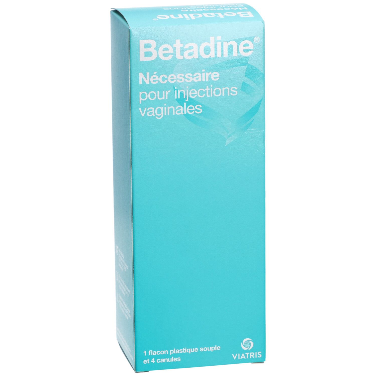 Boîte Betadine turquoise. Nom du produit et texte "Nécessaire pour injections vaginales". Contient 1 flacon et 4 canules. Marque Viatris.