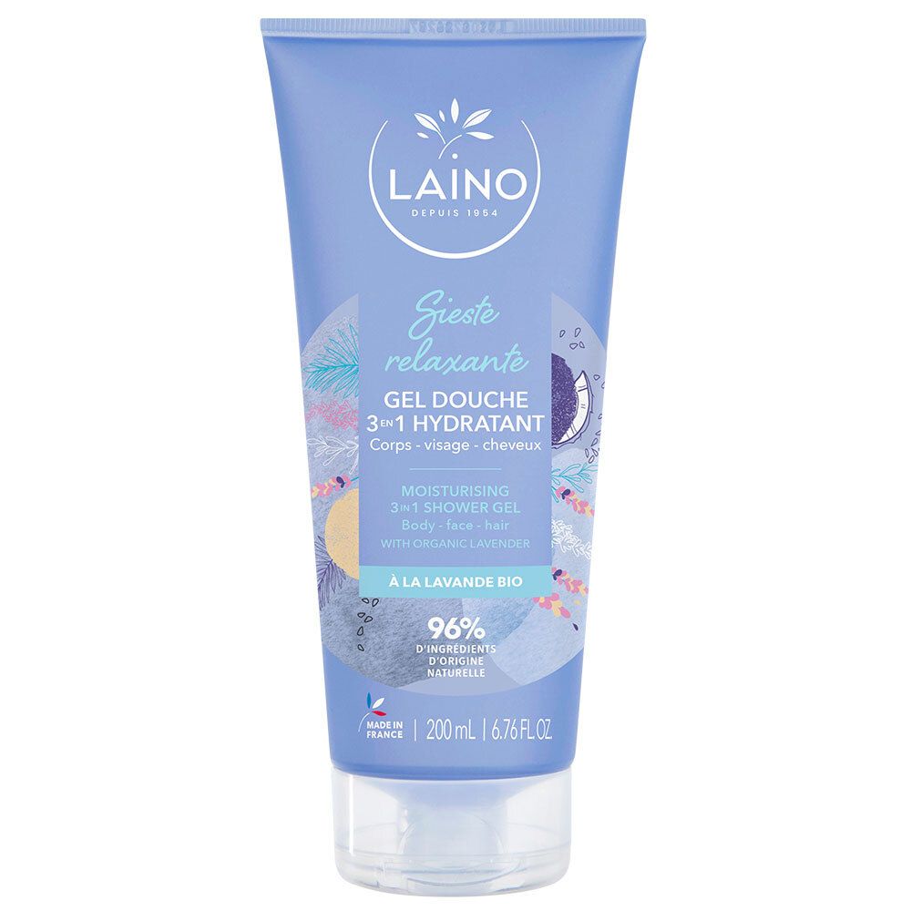 Blauw-paarse tube. "Laino"-logo. Tekst "Gel Douche 3-en-1 hydratant". "À la lavande bio". 96% ingrediënten van natuurlijke oorsprong. 200 ml.