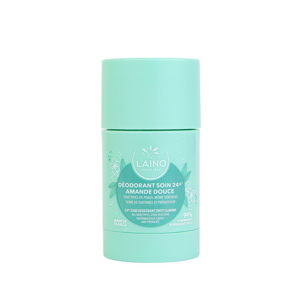 Turquoise deodorantstick. Opschrift: Laino, Déodorant Soin 24h Amande Douce. Witte bloemen illustraties. Gemaakt in Frankrijk.
