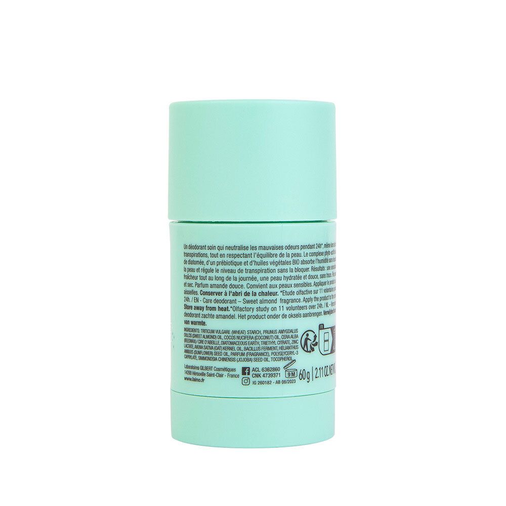 Achterkant van de turquoise deodorantstick. Tekstinformatie, ingrediënten, adres fabrikant. Gewicht: 60g. 2.11 OZ NET WT. Streepjescode.