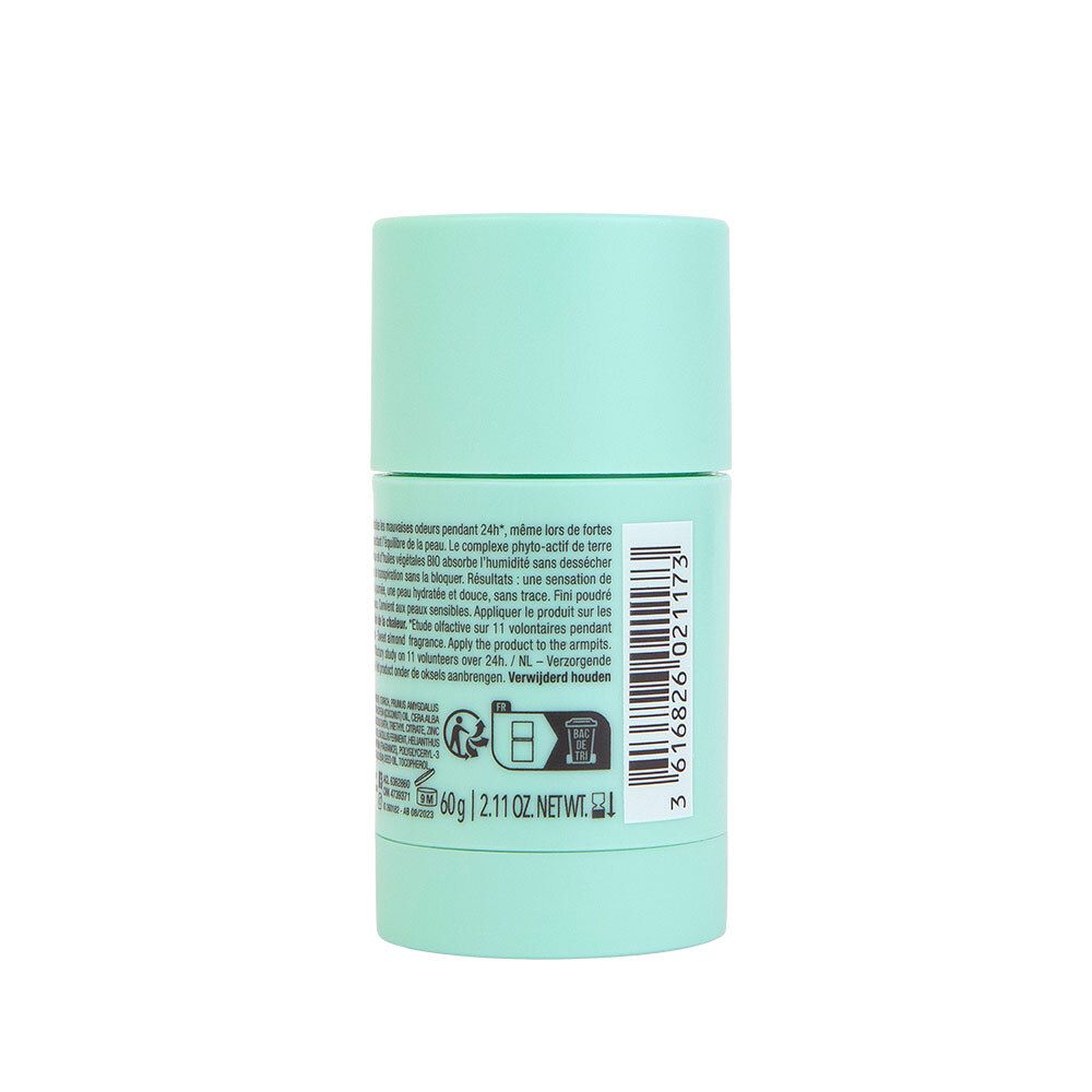 Achterkant van de turquoise deodorantstick. Tekstinformatie, ingrediënten, adres fabrikant. Gewicht: 60g. 2.11 OZ NET WT. Streepjescode.