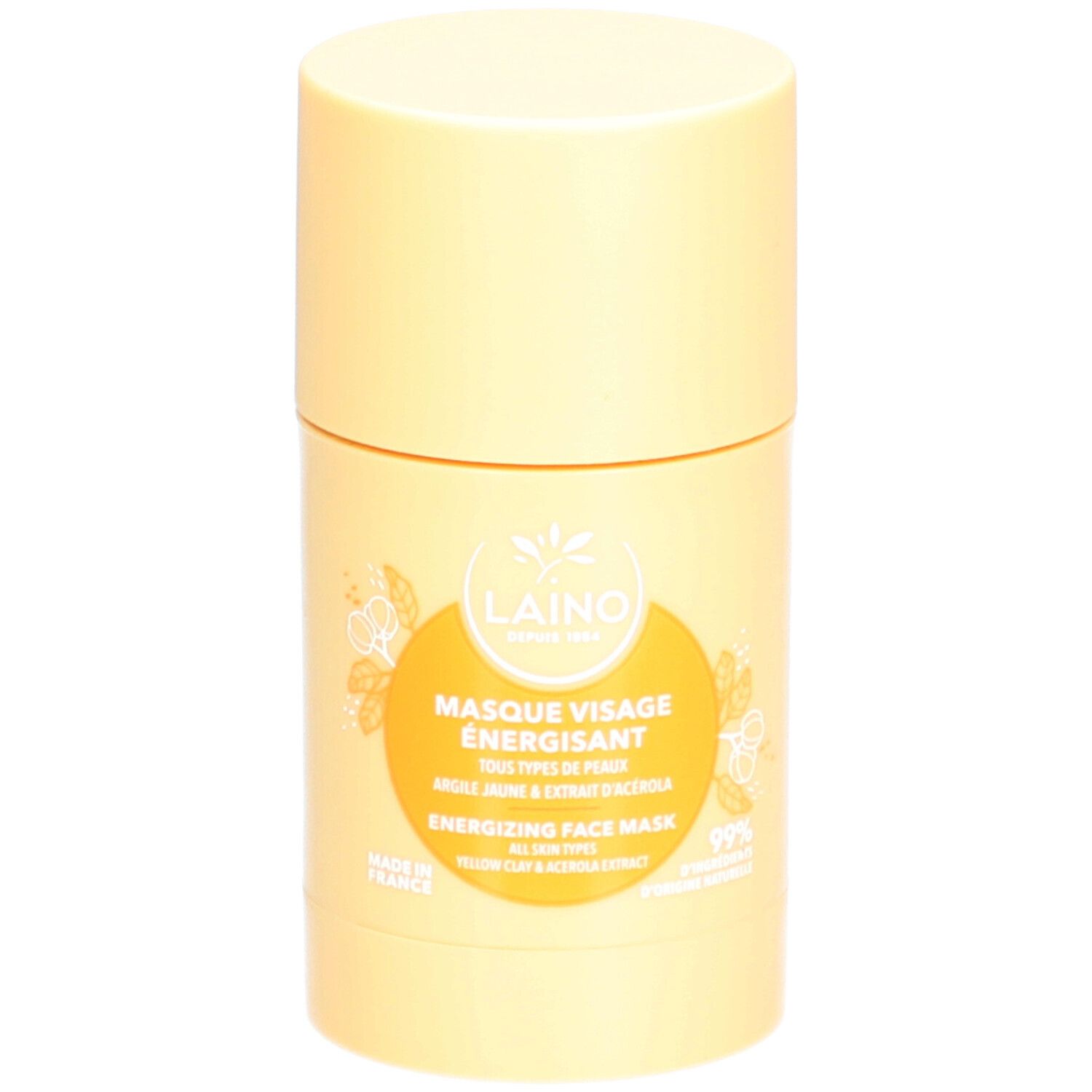 Emballage cylindrique jaune. Inscription : LAINO, Masque Visage Énergisant, Energizing Face Mask. Argile jaune et extrait d'acérola.