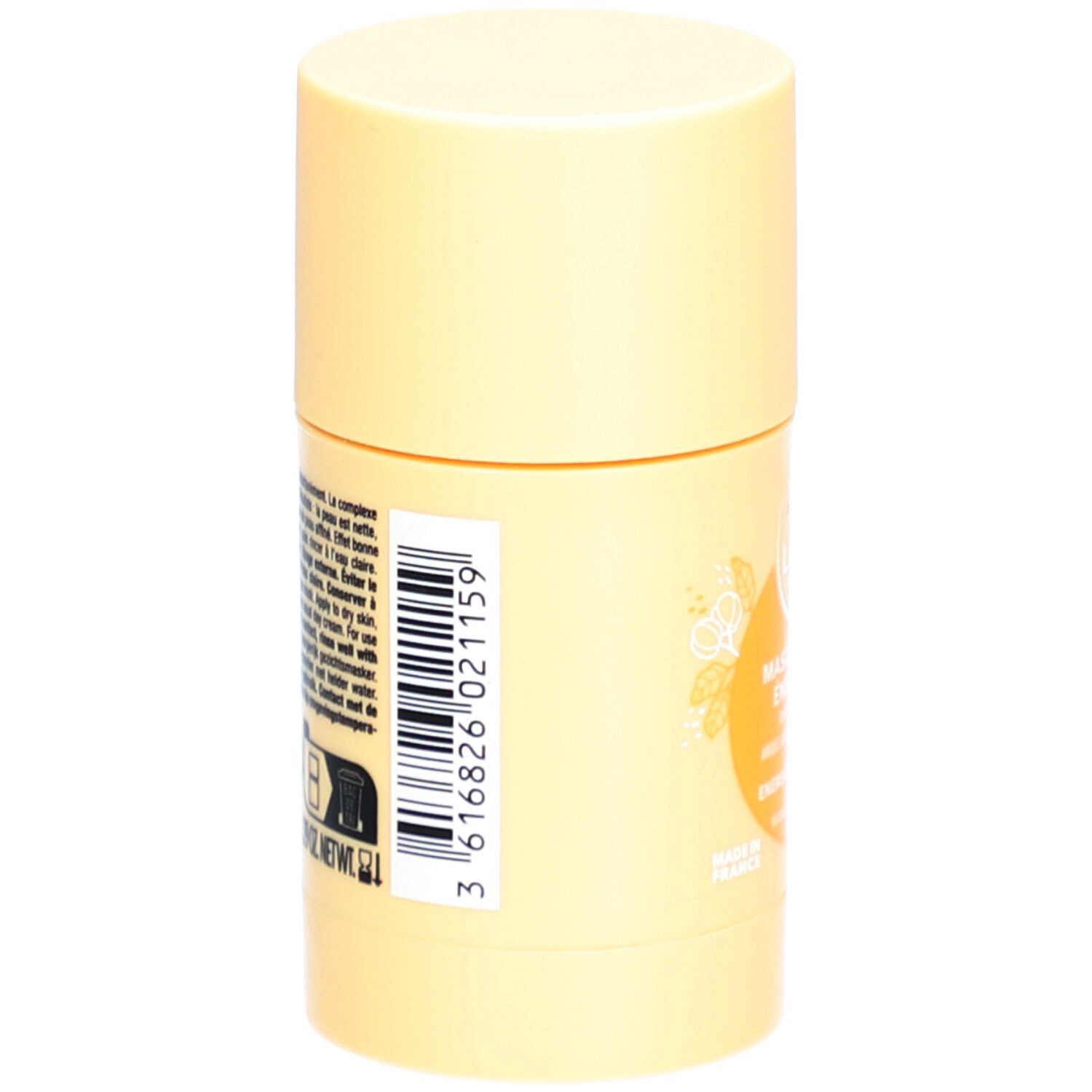 Emballage cylindrique jaune. Code-barres et informations produit sur le côté. Inscription : LAINO, Masque Visage Énergisant.