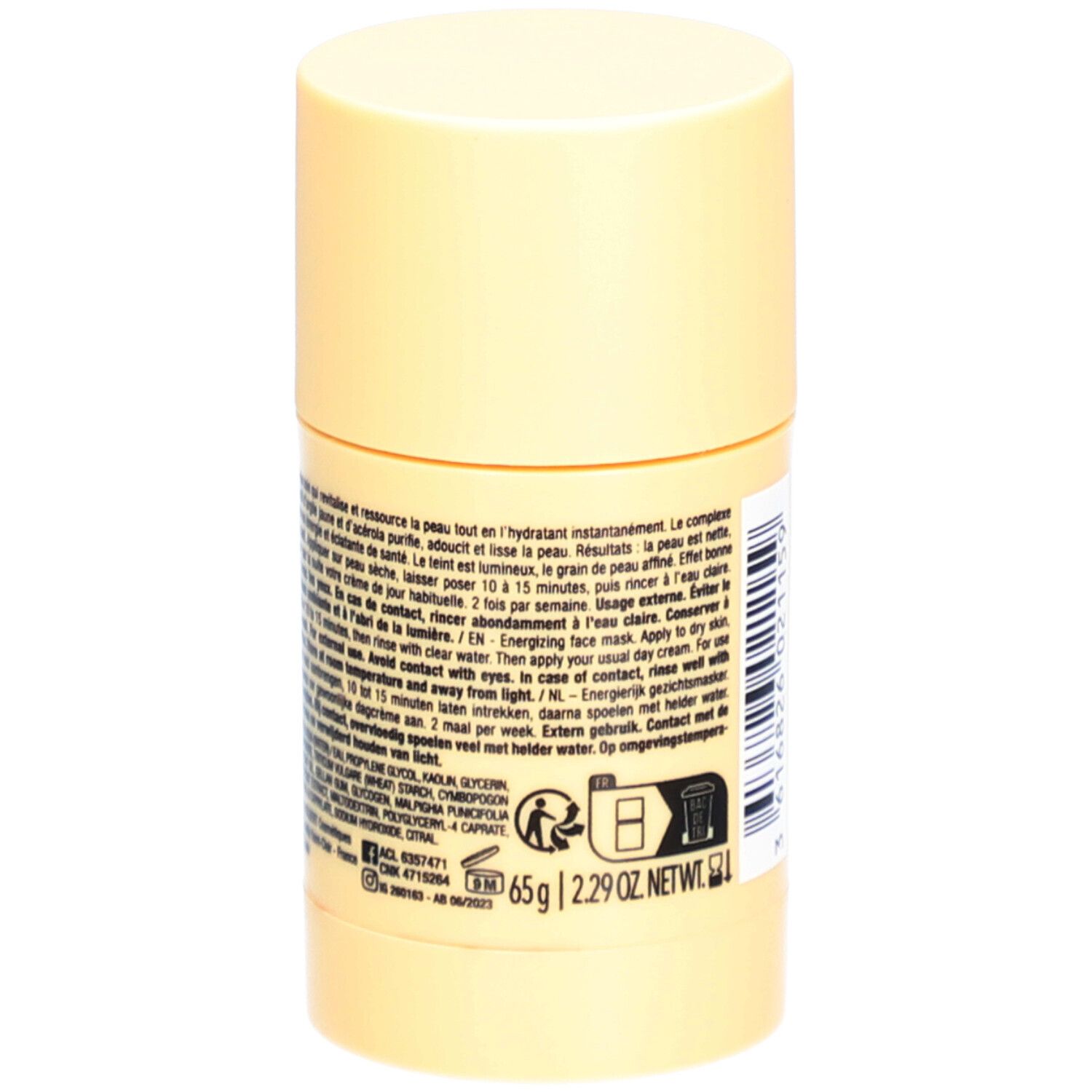 Emballage cylindrique jaune. Informations produit au dos. Inscription : LAINO, Masque Visage Énergisant. Poids net : 65g.