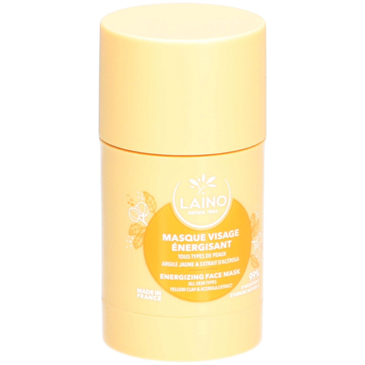 Emballage cylindrique jaune. Inscription : LAINO, Masque Visage Énergisant, Energizing Face Mask. Argile jaune et extrait d'acérola.