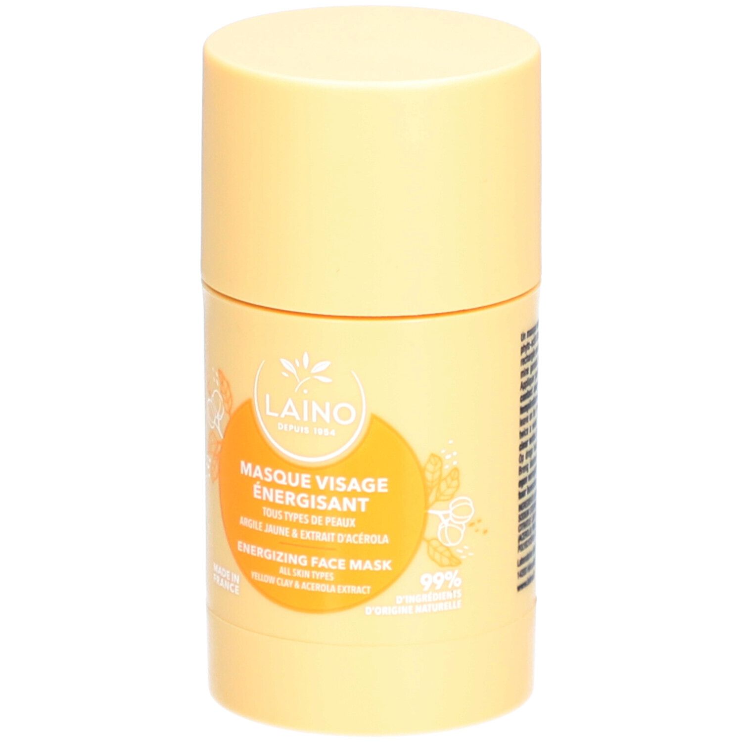 Emballage cylindrique jaune. Inscription : LAINO, Masque Visage Énergisant, Energizing Face Mask. Argile jaune et extrait d'acérola.