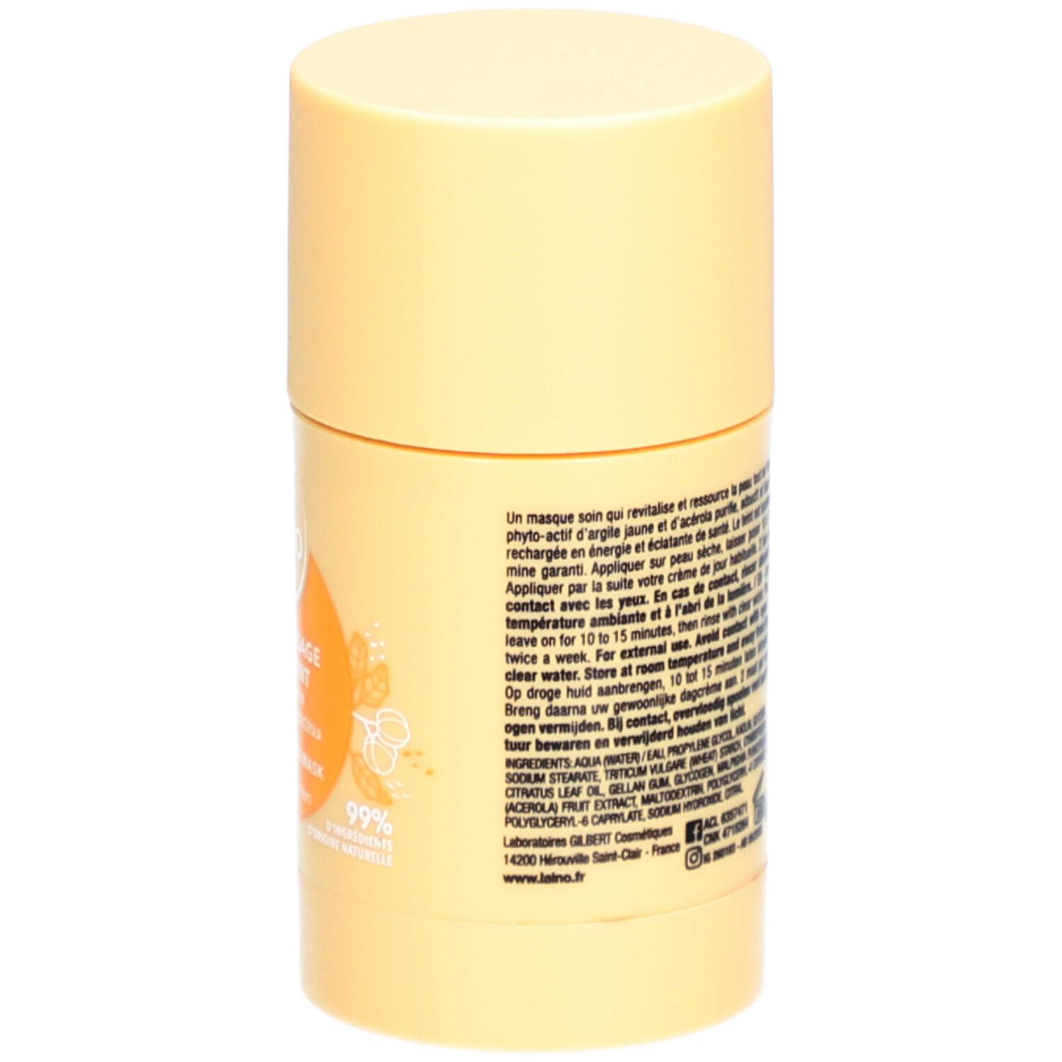 Emballage cylindrique jaune. Informations produit au dos. Inscription : LAINO, Masque Visage Énergisant. 99% d'ingrédients d'origine naturelle.