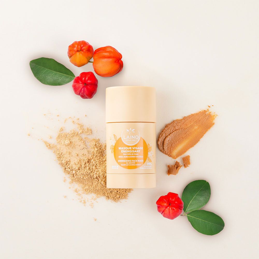 Product en ingrediënten op witte achtergrond. Geel masker, bruin masker, bladeren en fruit.