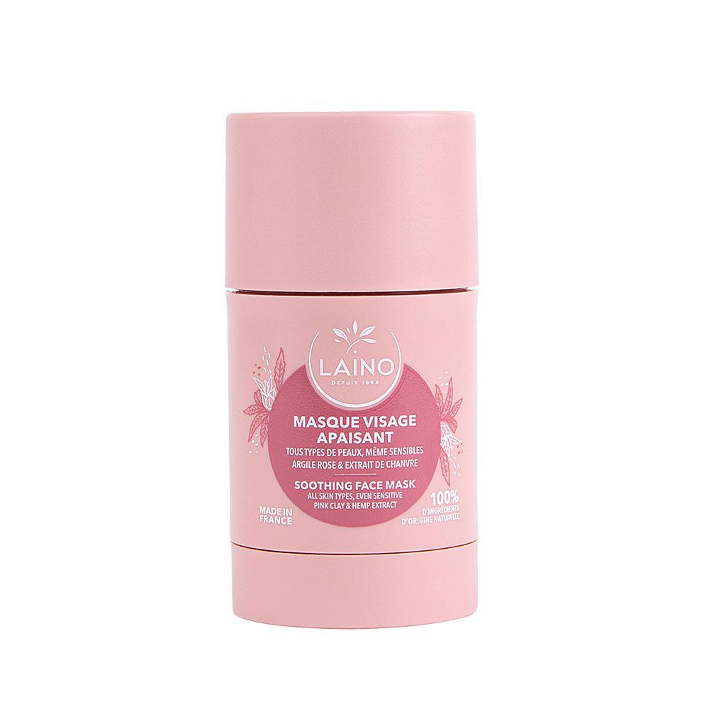 Roze gezichtsmasker stick. Opschrift: LAINO, Masque Visage Apaisant. Voor alle huidtypes. Gemaakt in Frankrijk.