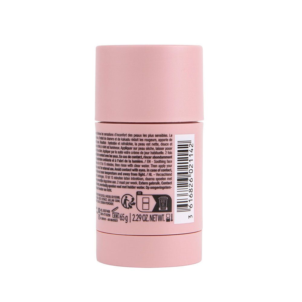 Achterkant van de roze gezichtsmasker stick. Tekst met ingrediënten en gebruik. Gewicht: 65g / 2.29 oz.