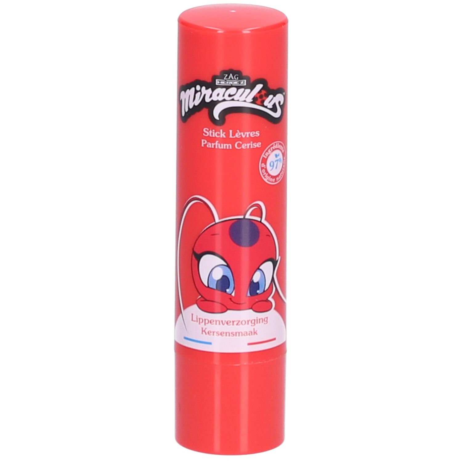 Rode lippenbalsem met tekst Miraculous, Parfum Cerise. Illustratie van stripfiguur. Cilindrische verpakking.