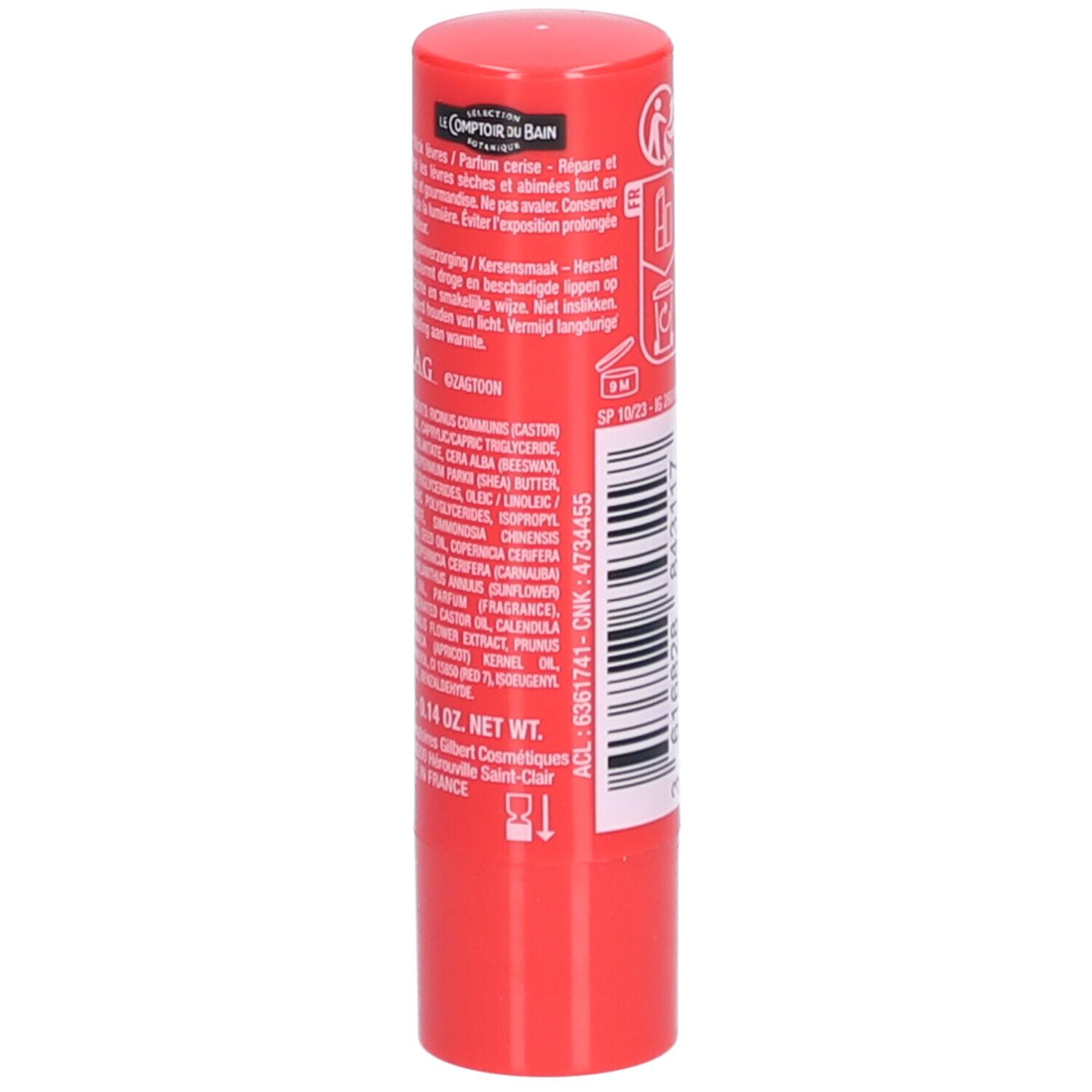 Rode lippenbalsem. Tekst op de achterkant. Bevat de tekst Le Comptoir du Bain, Parfum Cerise, 4g.