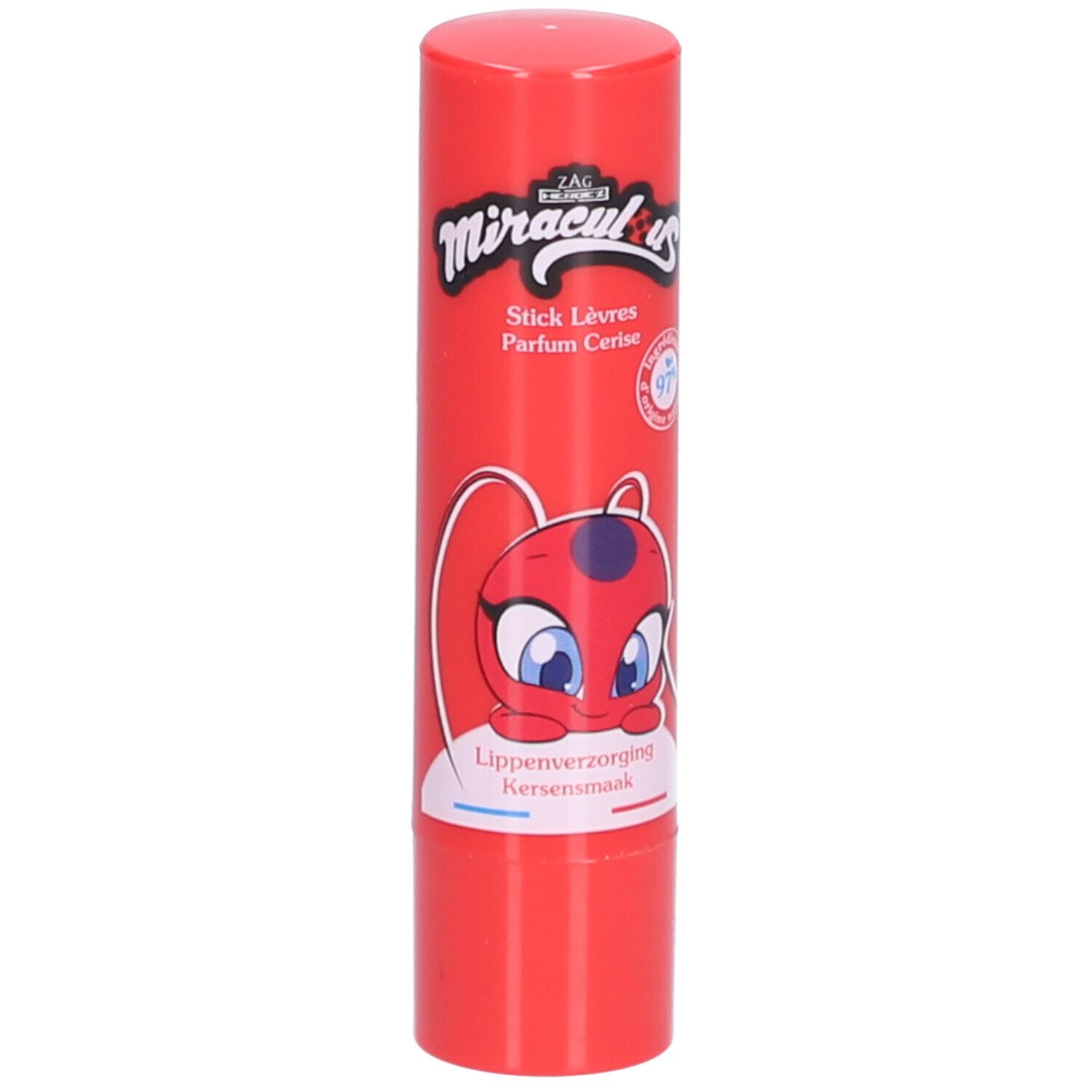 Rode lippenbalsem met tekst Miraculous, Parfum Cerise. Illustratie van stripfiguur. Cilindrische verpakking.