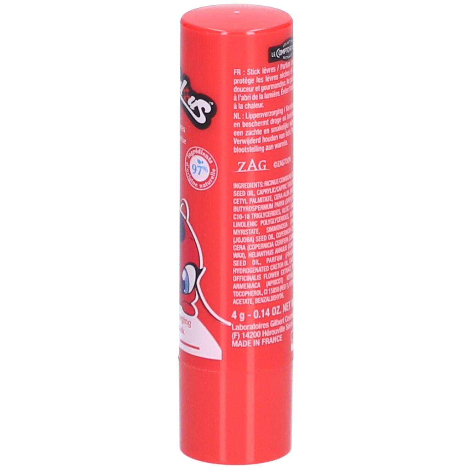 Rode lippenbalsem. Tekst op de achterkant. Bevat de tekst Miraculous, Parfum Cerise, 4g. Ingrediënten.