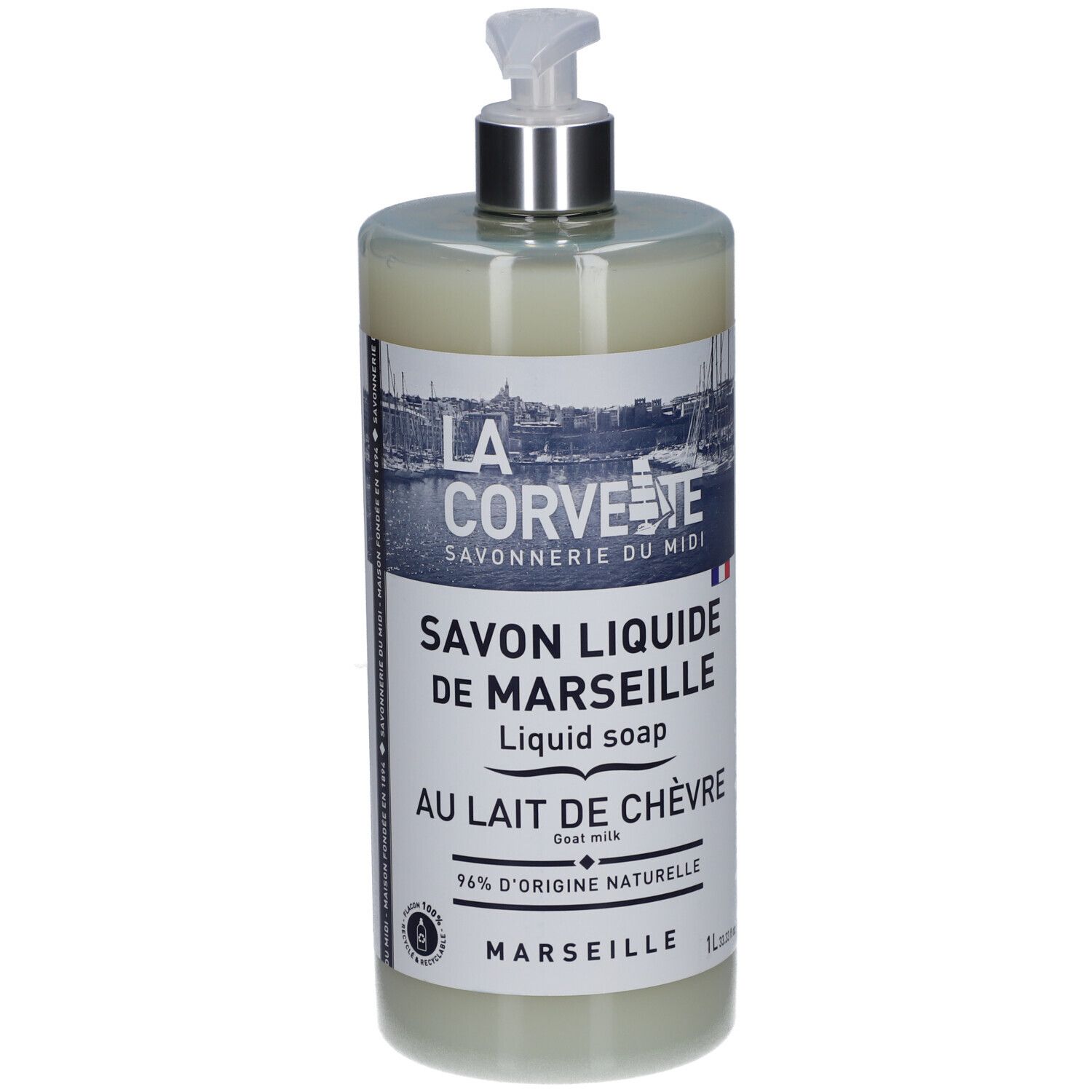 Savon liquide de Marseille au lait de chèvre, flacon avec pompe. Inscription : 96% d'origine naturelle.