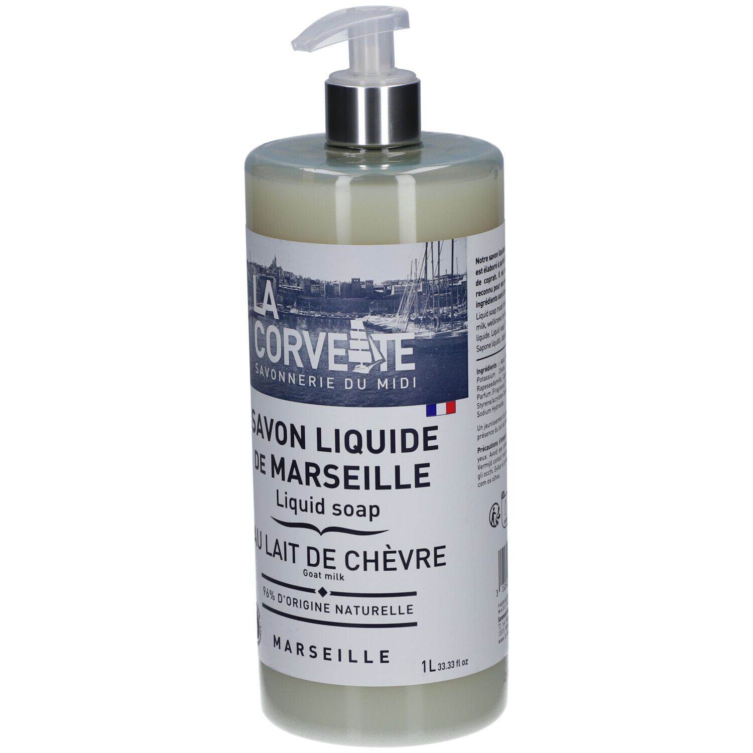 Savon liquide de Marseille au lait de chèvre, flacon avec pompe. Inscription : 96% d'origine naturelle.