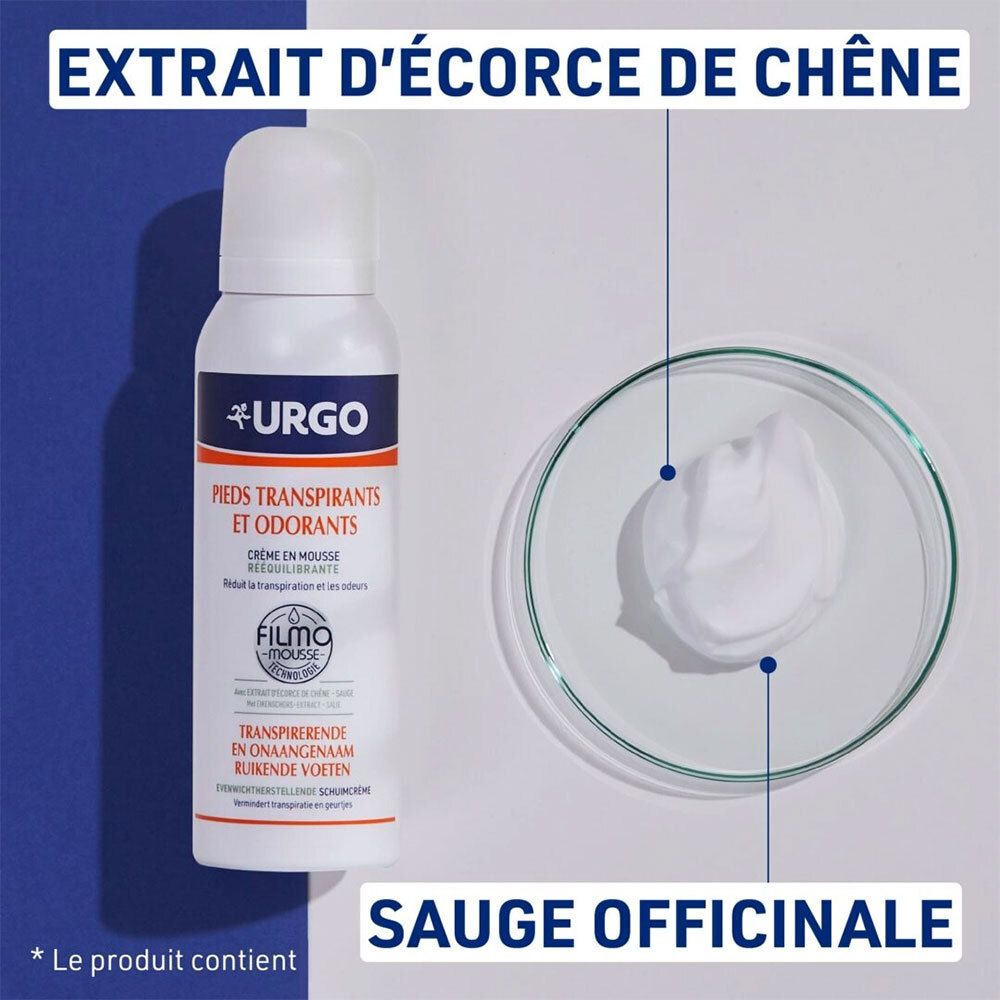 Fles naast een kom schuim. Tekst: Extrait d'écorce de chêne, Sauge officinale. Urgo logo. Productnaam.