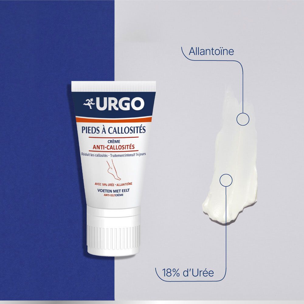 Crèmetube naast een klodder crème. Tekst: Pieds à Callosités, Crème Anti-Callosités. Labeling: 18% d'Urée, Allantoïne.