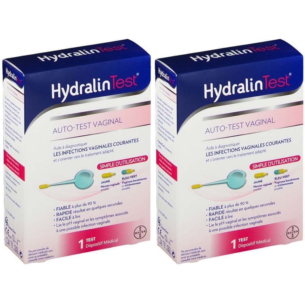 Deux boîtes HydralinTest. Inscription: AUTO-TEST VAGINAL. Aide au diagnostic des infections vaginales. Simple d'utilisation. Contient un test.