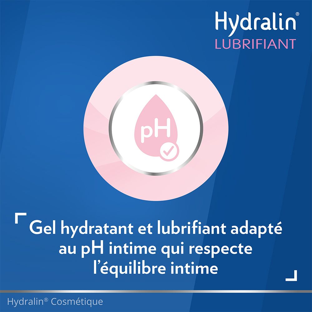 Roze druppel met pH-symbool. Tekst op blauwe achtergrond: Gel aangepast aan de intieme pH-waarde.