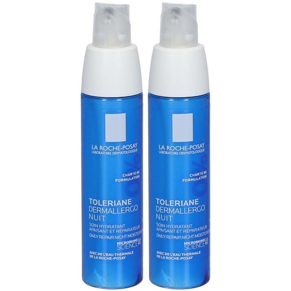 Deux flacons bleus avec bouchon blanc. Inscription : TOLERIANE DERMALLERGO NUIT, LA ROCHE-POSAY.