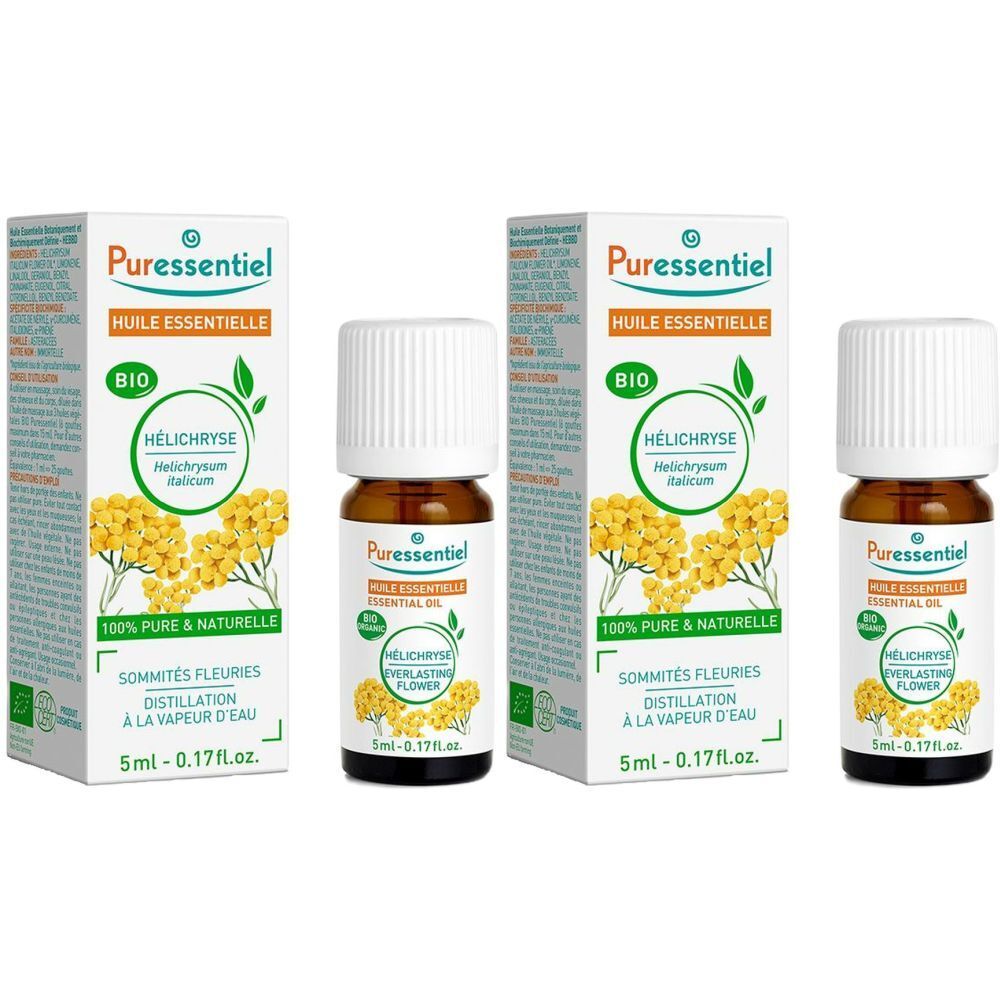 Drie flesjes en twee dozen. Opschrift: Puressentiel, Huile Essentielle, BIO, HÉLICHRYSE, 100% PURE & NATURELLE, 5ml.