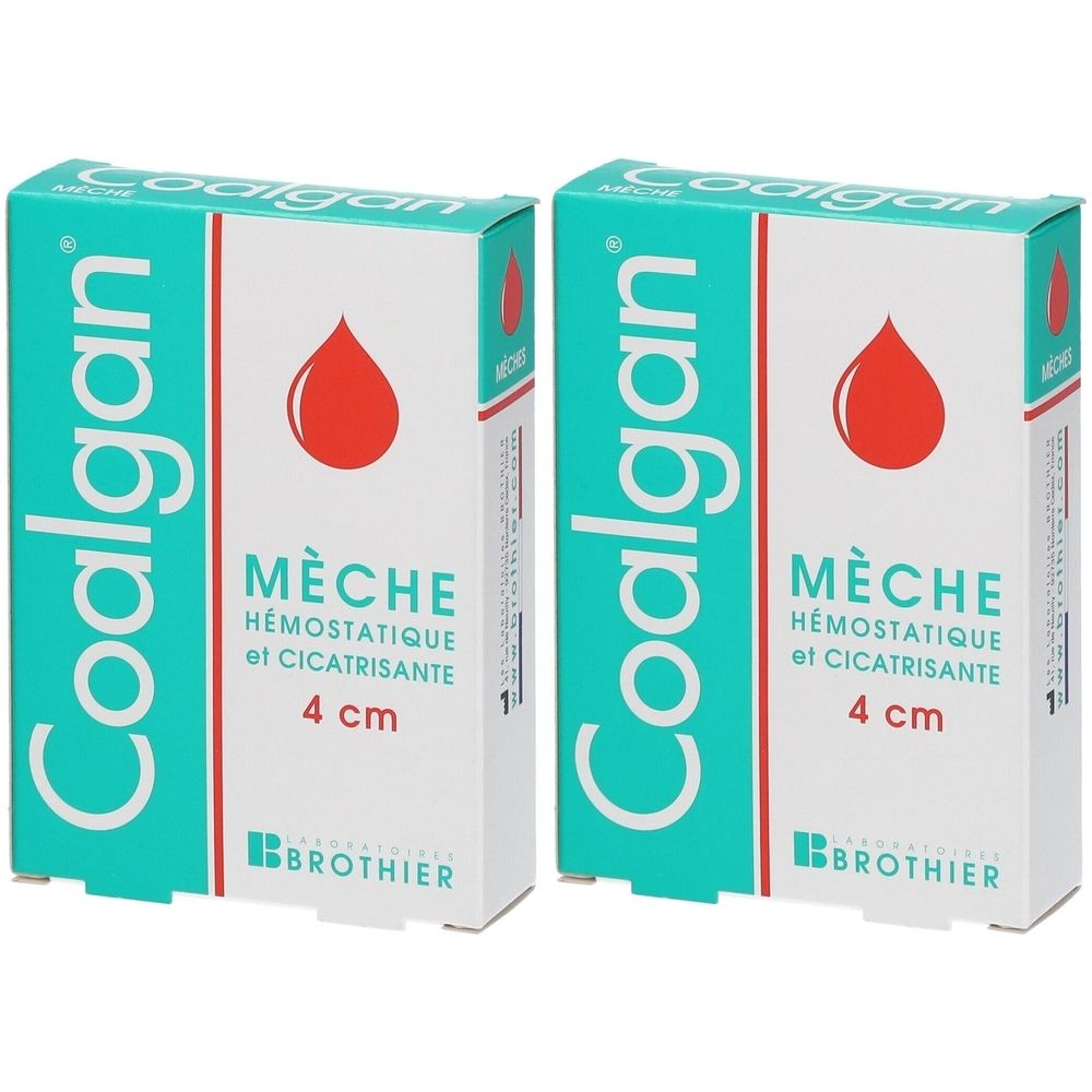 Twee verpakkingen Coalgan hemostatische gaasjes. Turquoise en witte dozen met rood druppelsymbool en tekst.