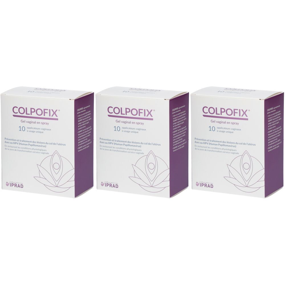 Drie dozen met COLPOFIX, vaginale gel en spray. Opschrift 10. Paars en wit design.