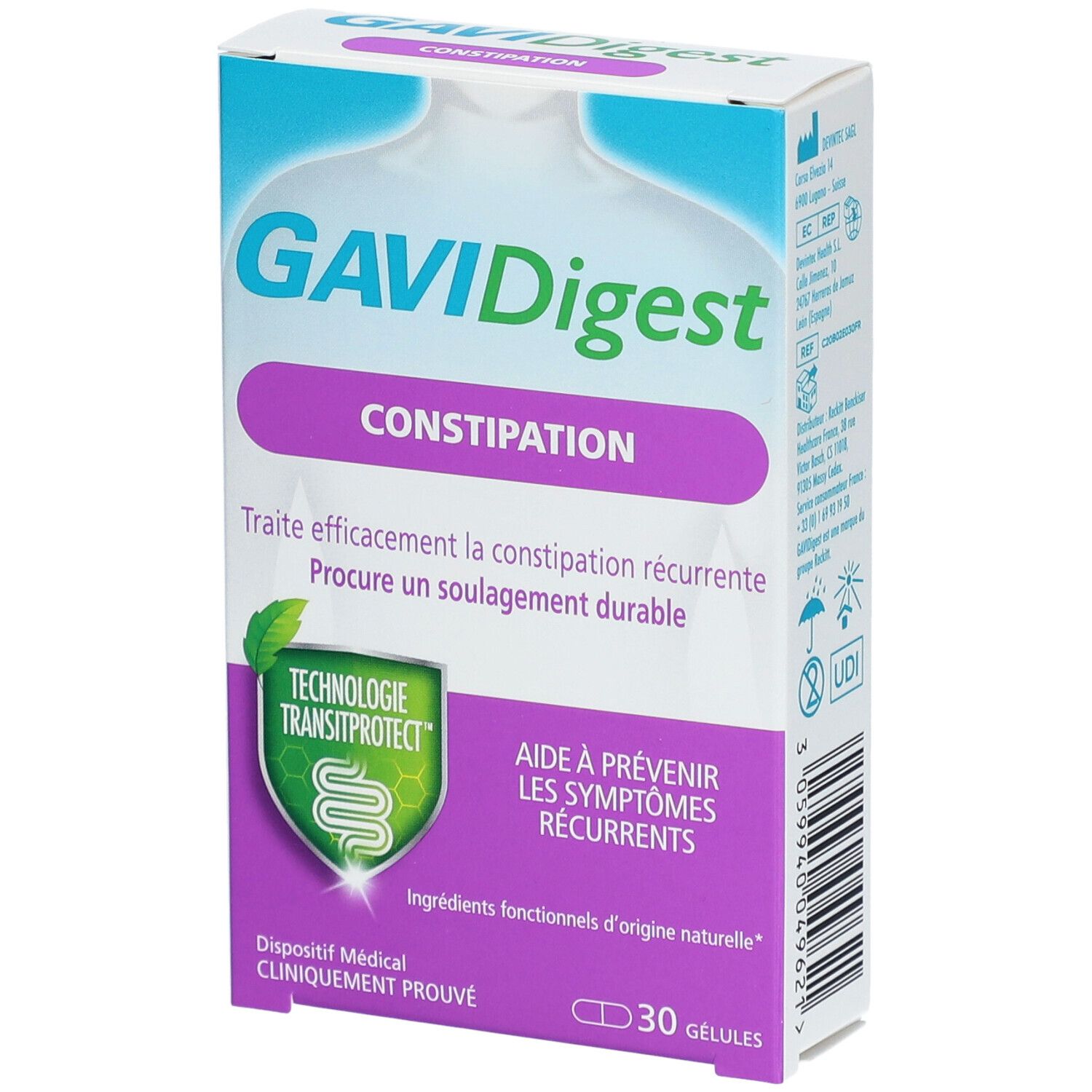 Boîte de GAVIDigest Constipation. Inscription: Constipation. Contient 30 gélules. Dispositif médical. Technologie Transitprotect.