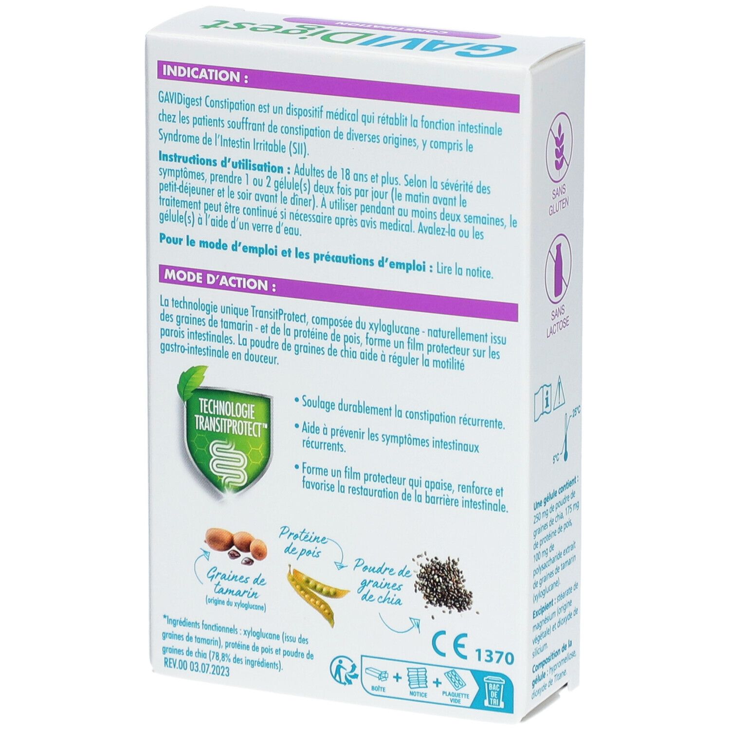Dos de la boîte GAVIDigest Constipation. Informations sur l'utilisation, l'action et les ingrédients. Marquage CE.