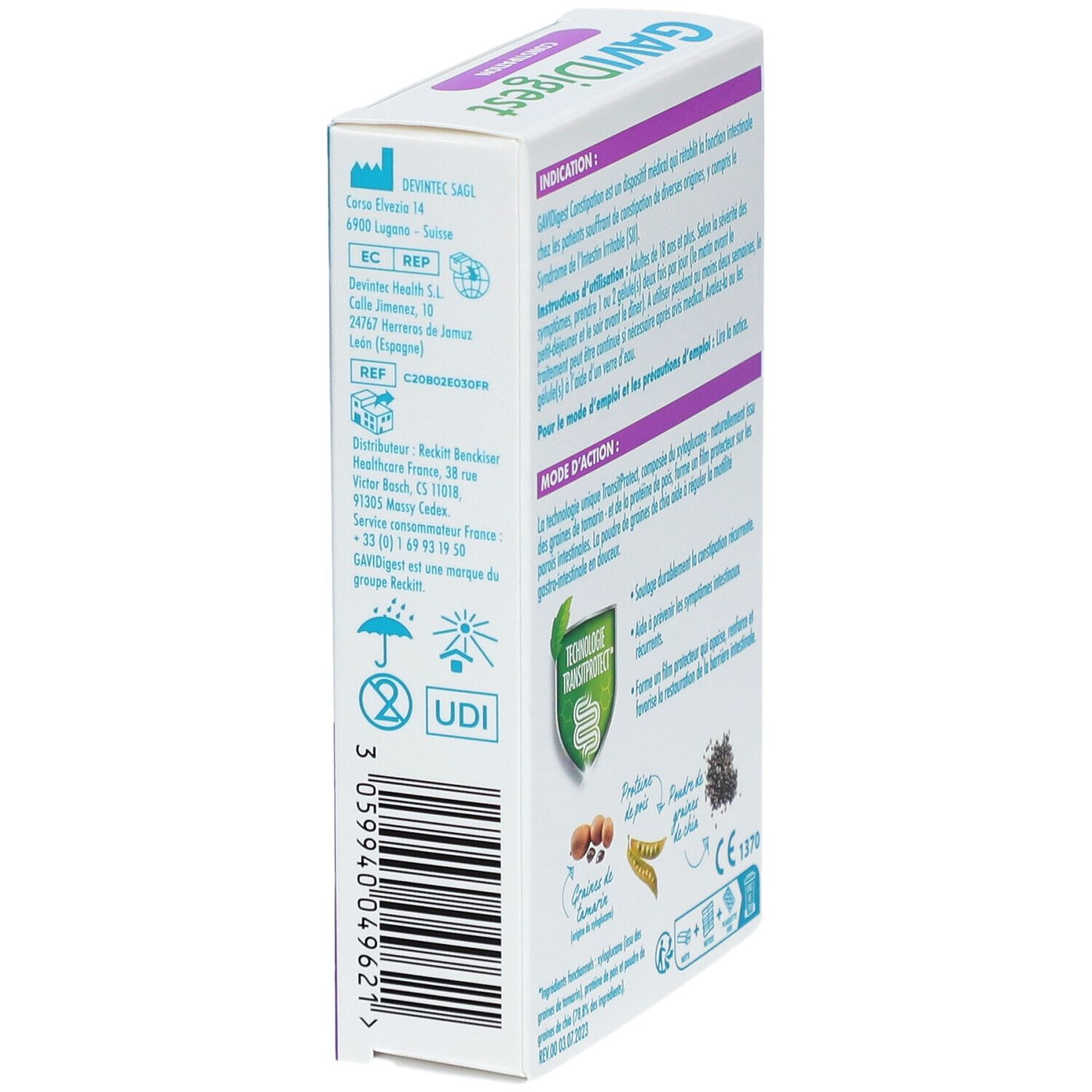 Côté de la boîte GAVIDigest Constipation. Informations fabricant, code UDI et marquage CE.