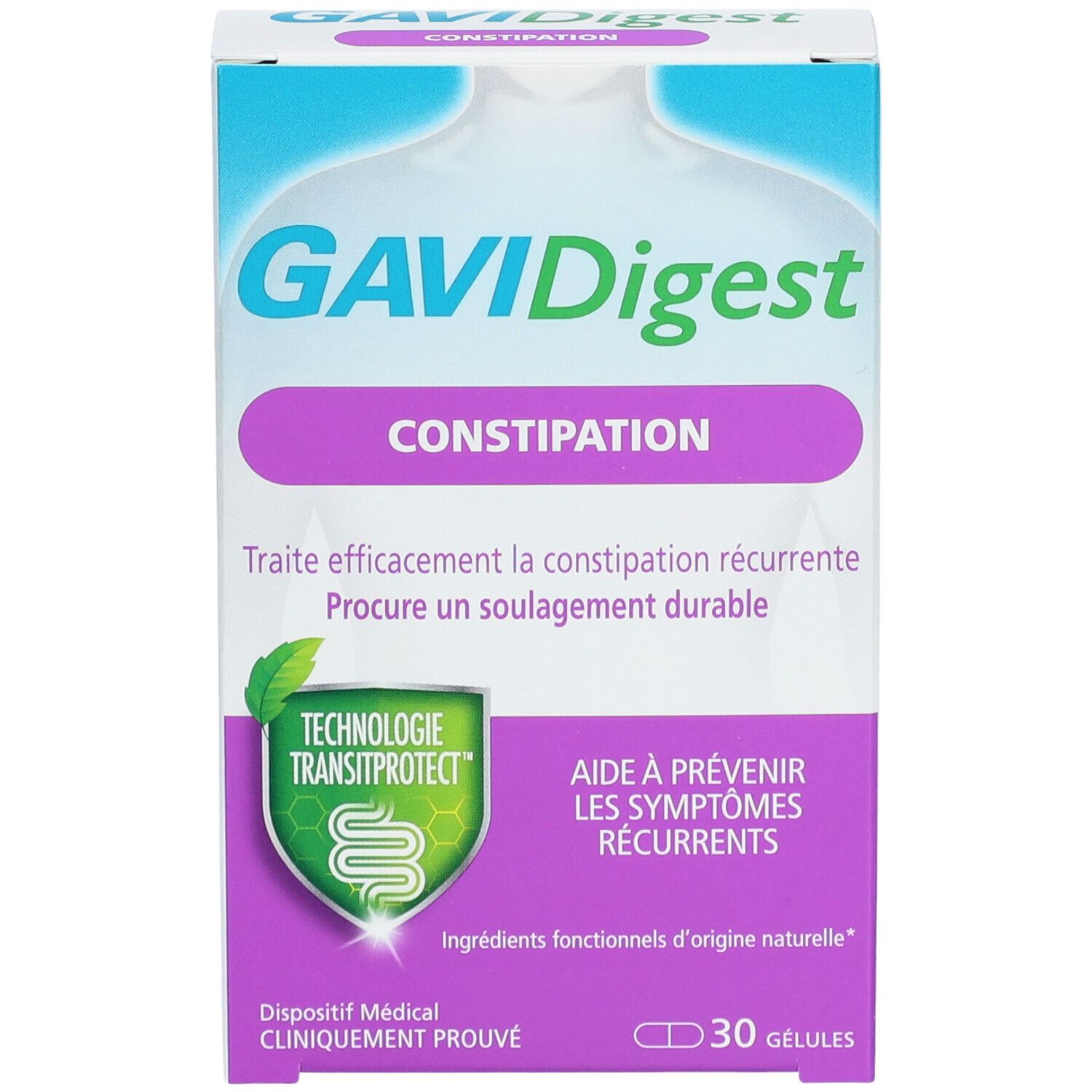 Face avant de la boîte GAVIDigest Constipation. Inscription: Constipation. Contient 30 gélules. Dispositif médical. Transitprotect.
