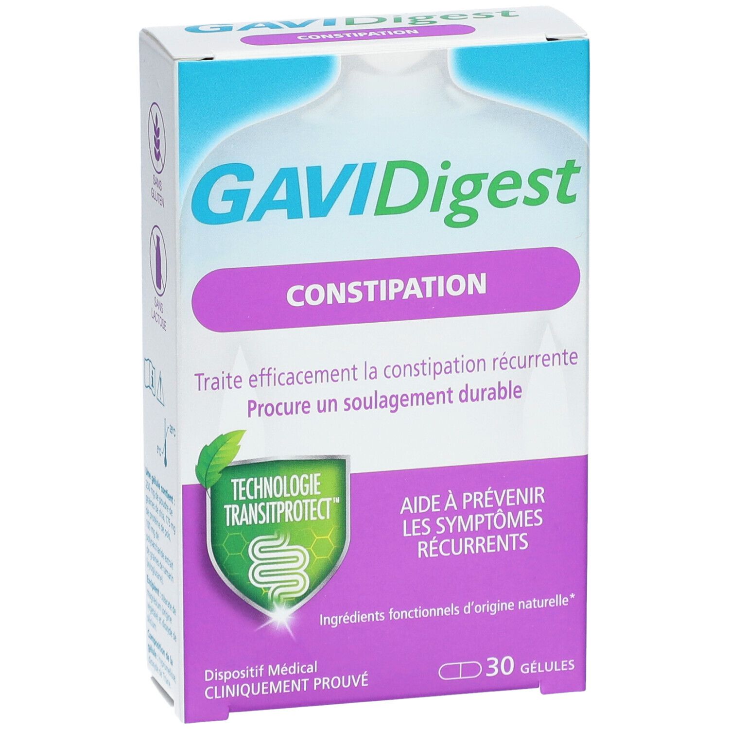 Face avant de la boîte GAVIDigest Constipation. Inscription: Constipation. Contient 30 gélules. Dispositif médical. Transitprotect.