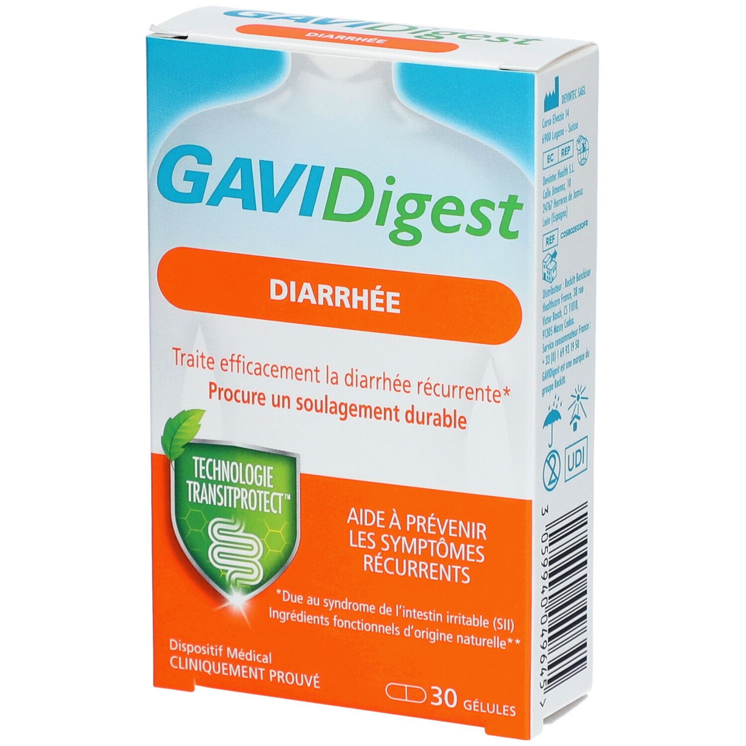 Boîte GAVIDigest Diarrhée. Texte orange sur fond blanc. Contient 30 gélules. Technologie Transitprotect.