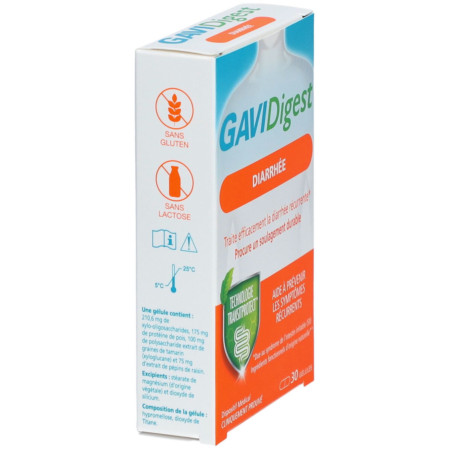 Boîte GAVIDigest Diarrhée, vue latérale. Informations sur les ingrédients et les allergènes. Technologie Transitprotect.