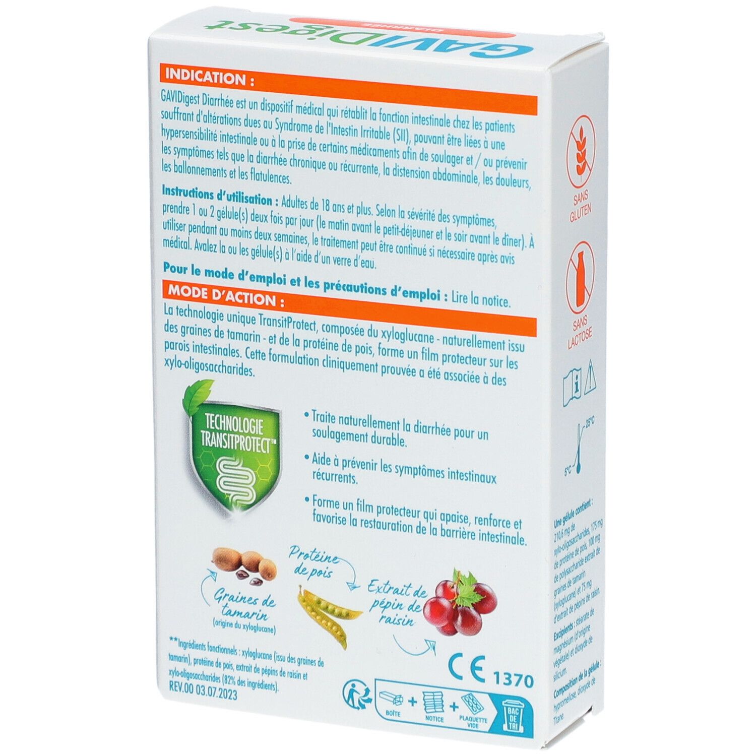 Dos de la boîte GAVIDigest Diarrhée. Informations sur l'utilisation et le mode d'action. Avec marquage CE.