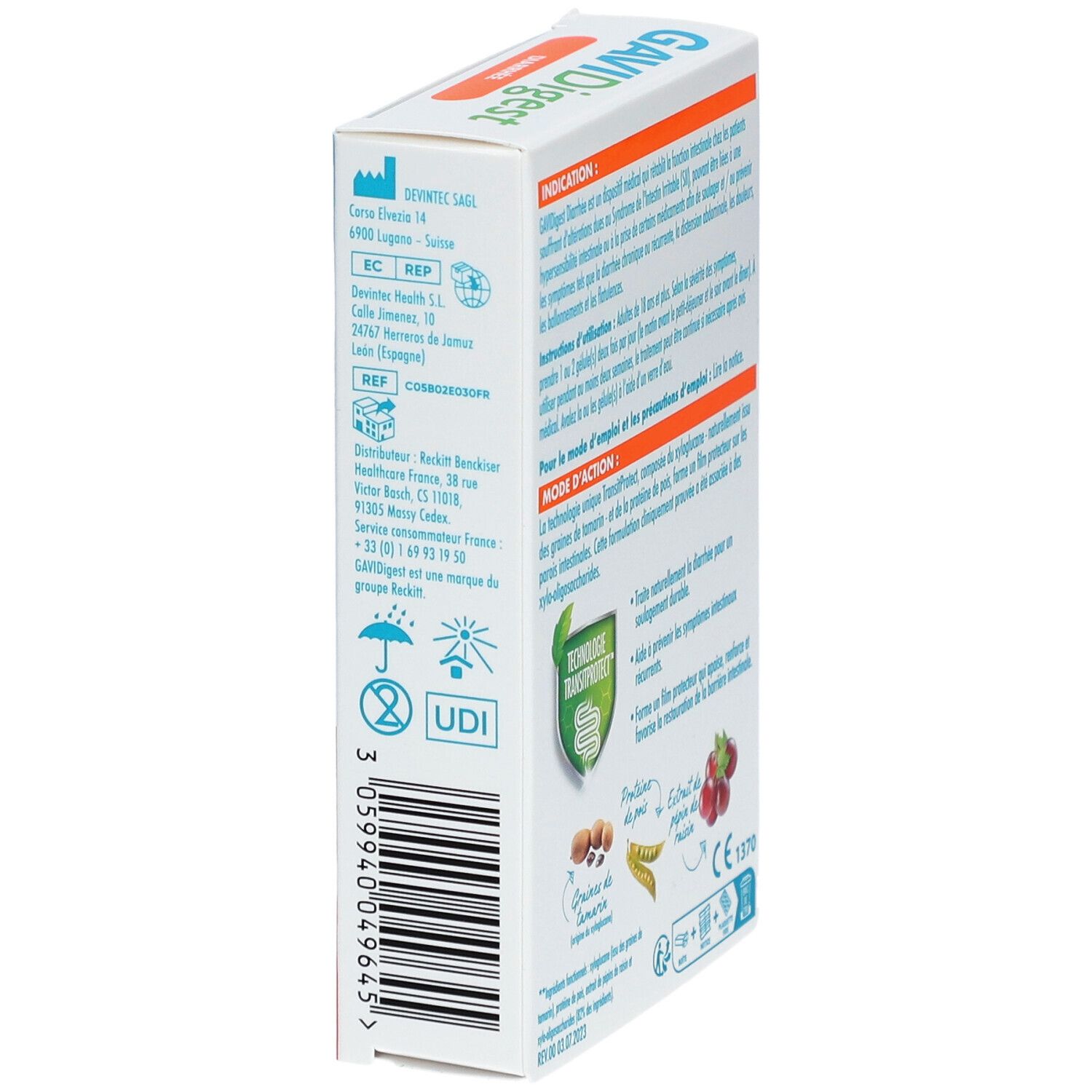 Boîte GAVIDigest Diarrhée, vue latérale. Informations fabricant et marquage UDI.