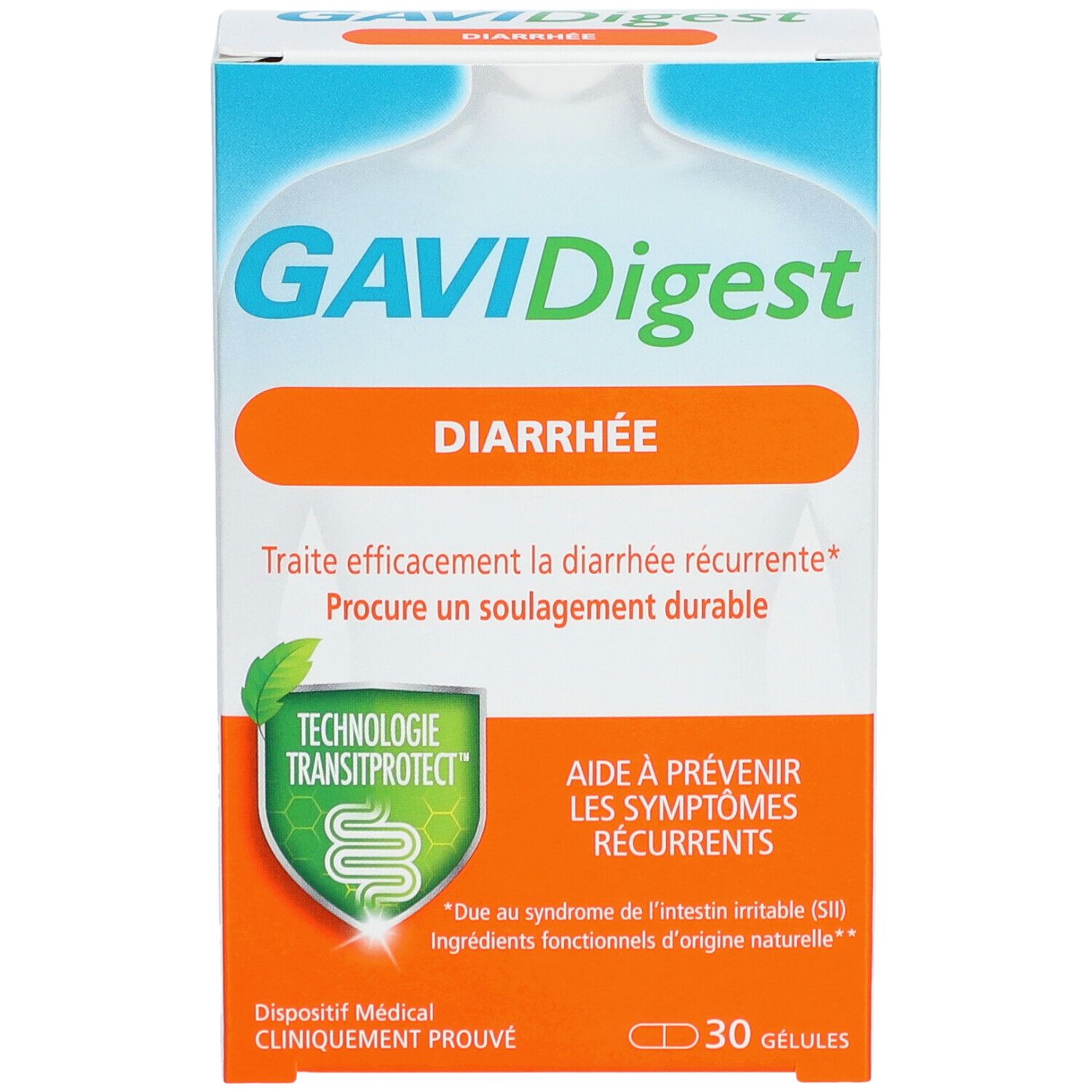 Vue de face de la boîte GAVIDigest Diarrhée. Texte orange sur fond blanc. Contient 30 gélules.
