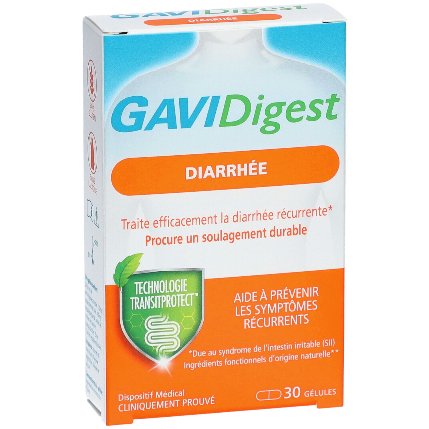 Vue de face de la boîte GAVIDigest Diarrhée. Texte orange sur fond blanc. Contient 30 gélules.