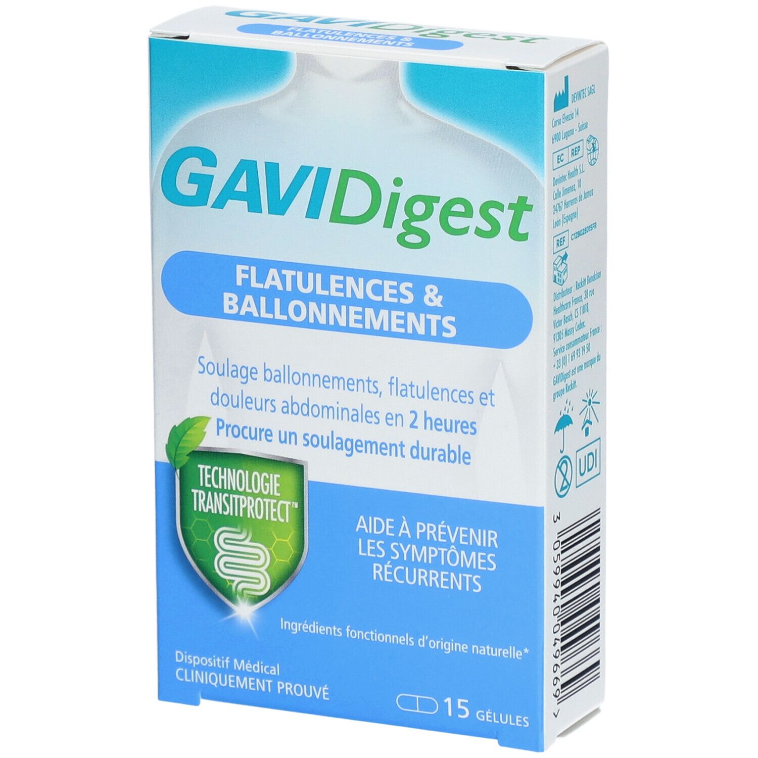 Doos GAVIDigest, opschrift "Flatulences & Ballonnements". Bevat 15 capsules. Medisch hulpmiddel.