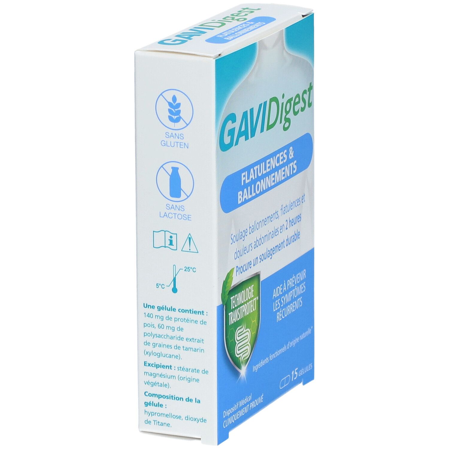 Zijaanzicht van de GAVIDigest-doos. Informatie over glutenvrij en lactosevrij. Bevat 15 capsules.