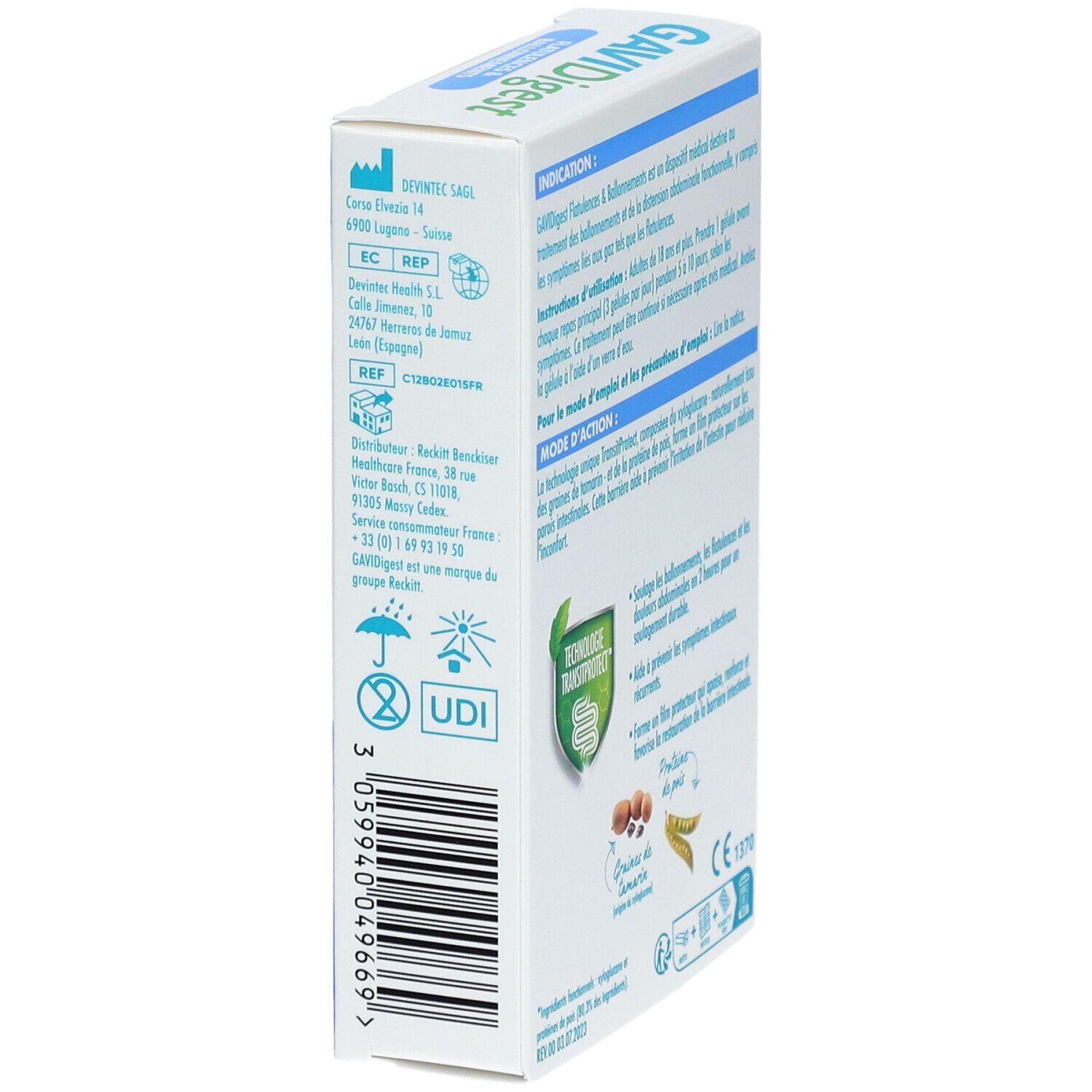 Zijaanzicht van de GAVIDigest-doos. Fabrikantinfo en UDI-code. CE-markering.